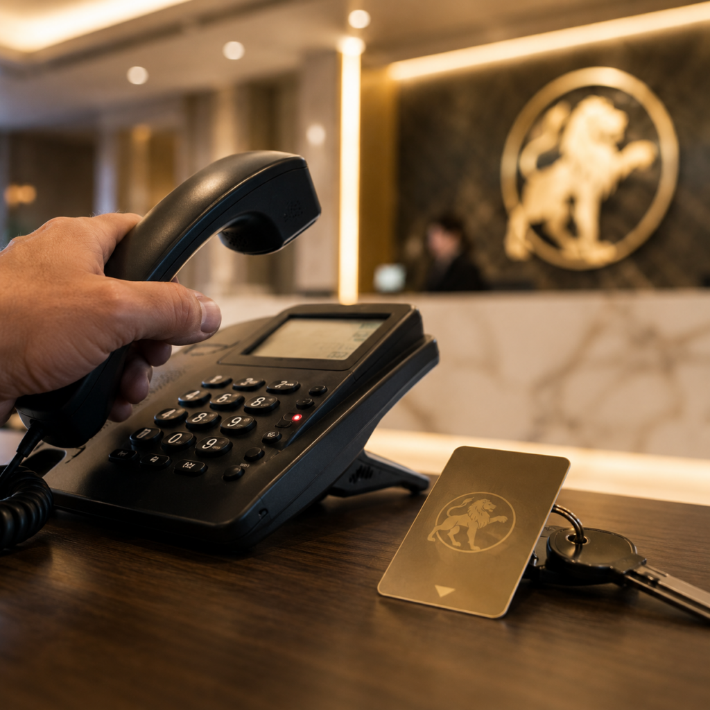 Desk phone and hotel reception desk illustrating a social engineering attack on a hotel help desk.