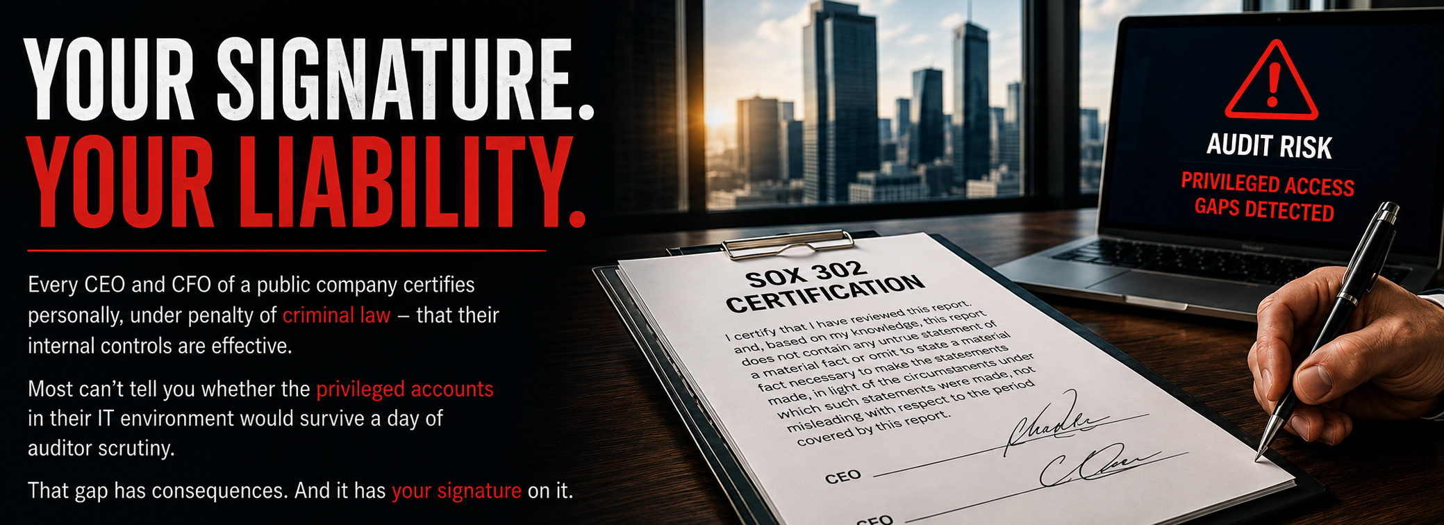 SOX compliance and audit risk graphic highlighting privileged access security gaps and executive accountability for internal controls.
