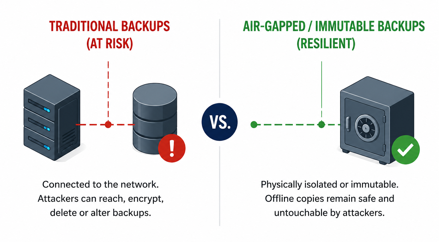 Cybersecurity infographic comparing traditional network-connected backups with air-gapped and immutable backups. The graphic explains that ransomware can compromise online backup systems, while offline, air-gapped, or immutable backups help ensure data recovery, business continuity, and ransomware resilience.