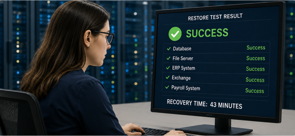 Backup recovery testing infographic showing a successful restore verification for key business systems, including database, file server, ERP, Exchange, and payroll. The recovery test completed in 43 minutes, demonstrating backup validation, disaster recovery readiness, ransomware resilience, and business continuity best practices.