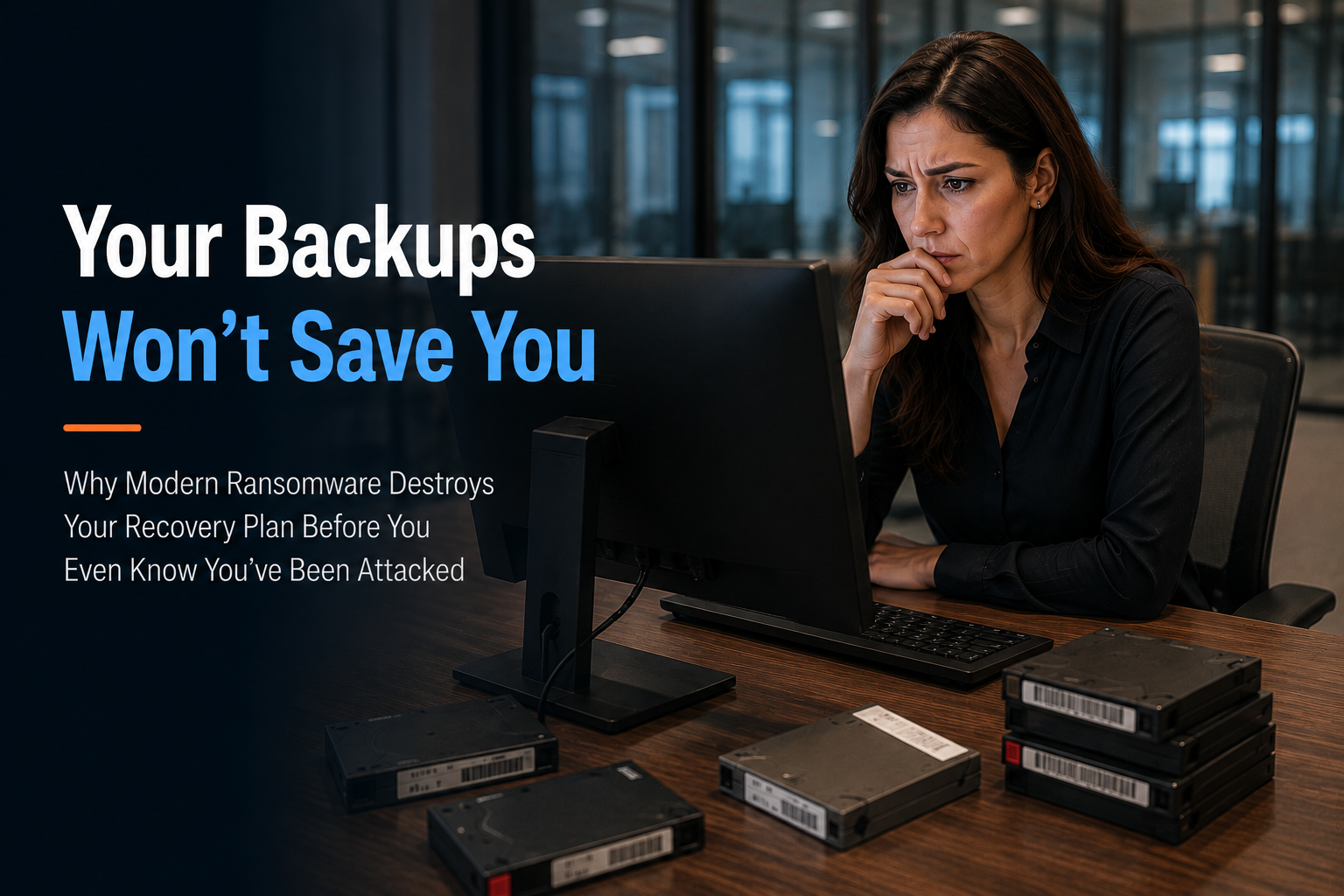 Cybersecurity image of a person at a computer with multiple backup drives on a desk, illustrating the risk that ransomware attacks can compromise backup systems and disrupt disaster recovery efforts before the attack is detected.