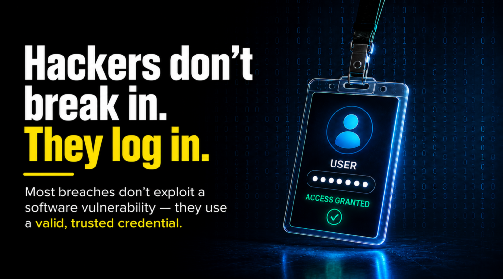 Cybersecurity graphic showing a user access badge with “Access Granted” beside the message “Hackers don't break in. They log in.” highlighting how data breaches often occur through compromised credentials, stolen passwords, and identity-based attacks rather than software vulnerabilities.