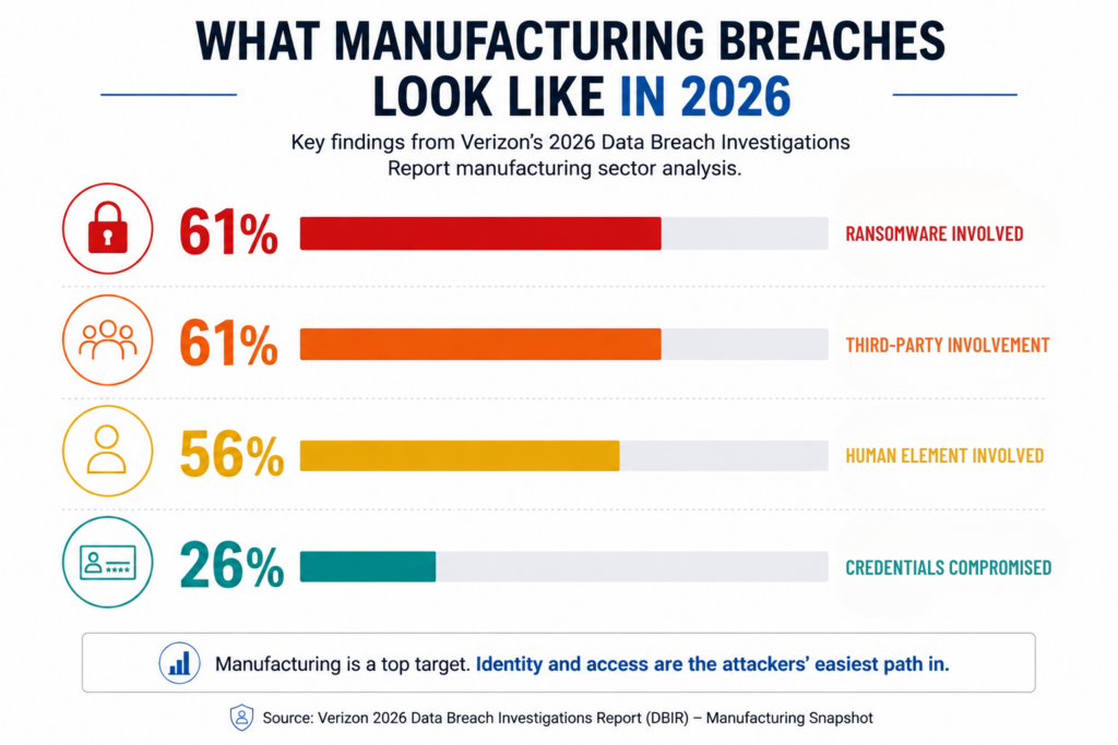 Infographic summarizing manufacturing cybersecurity breaches in 2026, showing ransomware involvement (61%), third-party involvement (61%), human error (56%), and compromised credentials (26%), highlighting identity and access security risks in manufacturing environments.