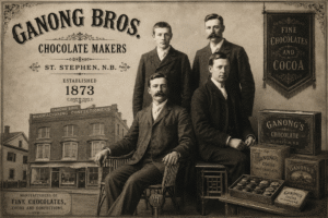 Historical Ganong Bros. chocolate makers advertisement from 1873, highlighting the company's more than 150-year history before the 2025 ransomware attack.