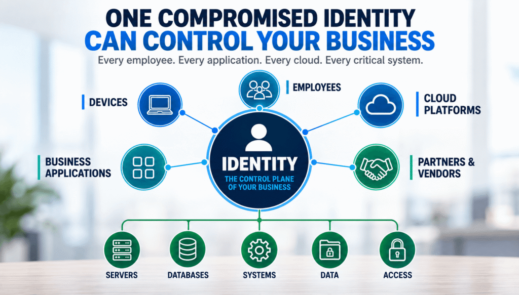 Identity security diagram showing how a single compromised user account can provide access to devices, applications, cloud platforms, servers, databases, systems, data, and business-critical resources.